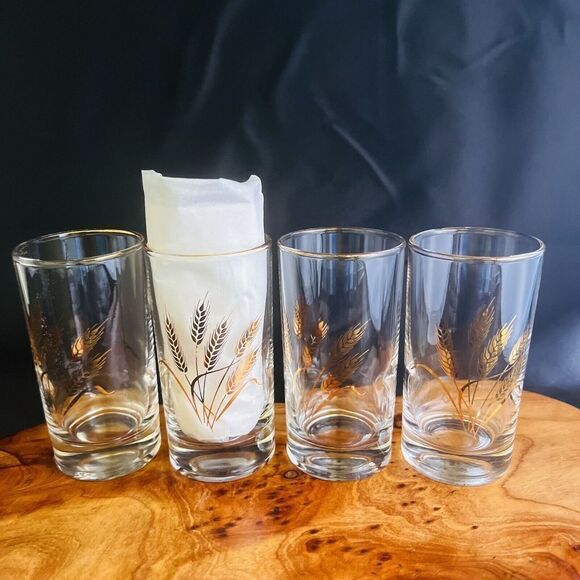 4 MID CENTURY Vintage Libbey Wheat Pattern Juice OR HIGHBALL GLASSES 4" 24k Gold - Picture 2 of 6